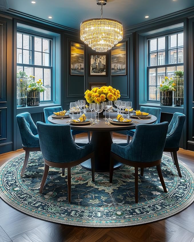 Area Rugs 7ft Washable Non-Slip, Floral Vintage Distress Print Pattern Medallion Carpet for Living Room Bedroom Dining Room, Teal Green Lake Blue Turquoise