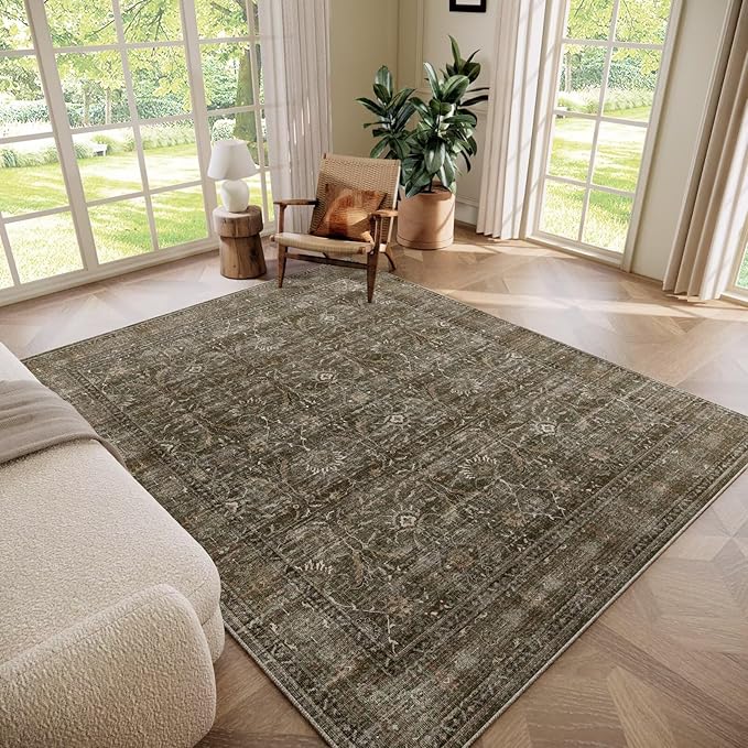 Washable 5x7 Area Rugs for Living Room, Boho Non-Slip Vintage Distress Rugs for Bedroom Dining Room Nursery Office, 0.3" Neutral Oriental Throw Thin Carpet with Cushioning Pad, Rust/Multi