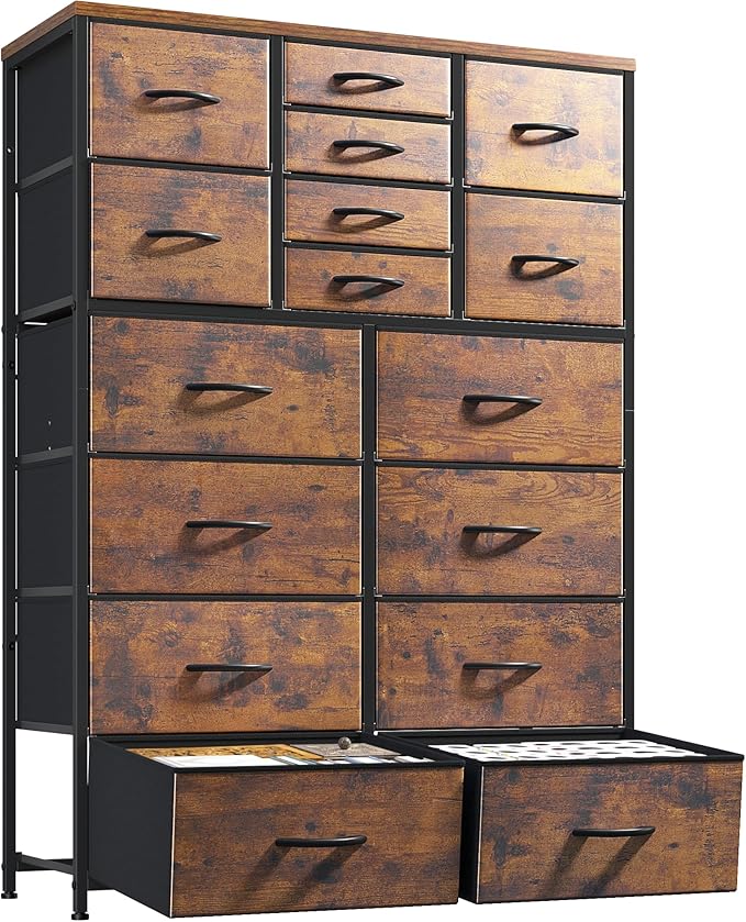 57“H Dresser for Bedroom with Multiple Drawers, Fabric Dressers & Chests of Drawers for Bedroom,Large Dresser, Sturdy Metal Frame & Wood Top,Entryway, Hallway(Rustic Brown)