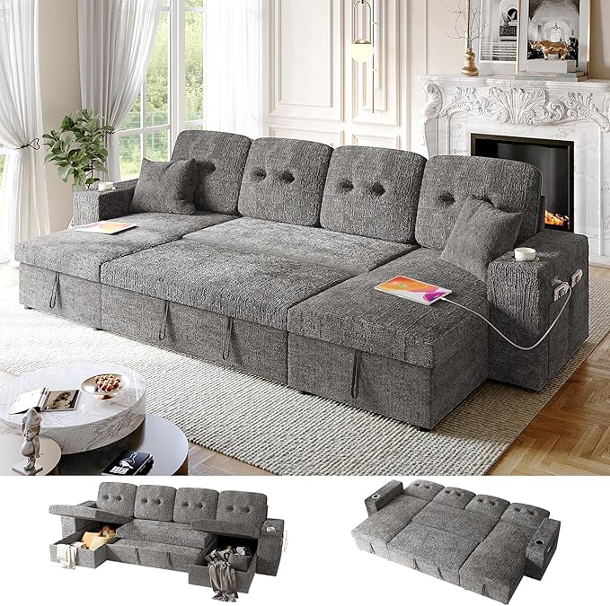 117" Sleeper Sofa Bed, U-Shaped Sofa with Dual Reversible Storage Chaise | Adjustable Backrest | Wide Armrest, Sectional Couches for Living Room, 4 in 1 Pull Out Couch Bed, Grey Chenille