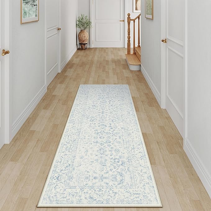 2x6 Blue Runner Rug Hallway Non Slip Kitchen Vintage Distressed Long Carpet Indoor Machine Washable Retro Floral Bedroom Accent Throw Rug for Office Laundry Bathroom Dining Living Room