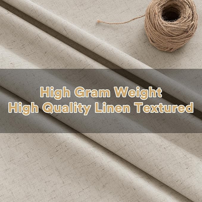 PrinceDeco 100% Blackout Linen Curtains 96 Inch Long Nature Burlap Fabric Black Out Curtains for Nursery,Heat & Light Blocking 2 Panels Set Grommet Window Drapes,Heathered Linen
