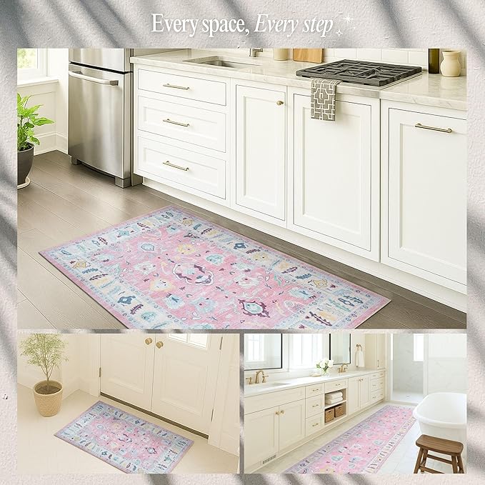 Fame Rugs Pink Modern Oushak Rug 2'6"x7', Washable Vintage Turkish Colorful Oriental Antique Inspired Foldable Small Runner Rugs, Luxury Living Room Bedroom (385PB, 2'6" x 7')