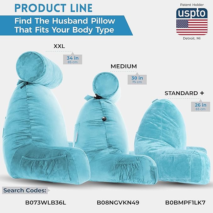 Husband Pillow XXL - Reading Pillow Bed Chair with Arms & Back Support - Carolina Blue - Back Pillow for Sitting Up - Bed Rest Arm Pillow - Comfy Reading Pillow for Adults