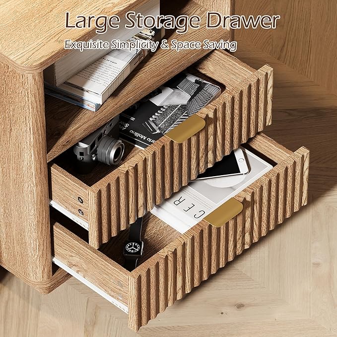 Fluted Nightstands Set of 2 - Walnut Nightstand with 2 Drawers & Open Shelves, 22" Wide Large Bedside Stand Modern Storage Wooden Side Tables for Bedroom (Natural Oak)