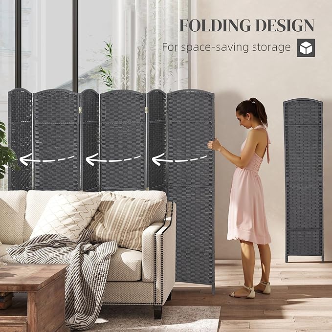 HOMCOM Room Divider, 6 Panel Folding Privacy Screen, 5.6' Tall Freestanding Wall Partition for Home Office, Bedroom, Charcoal Gray