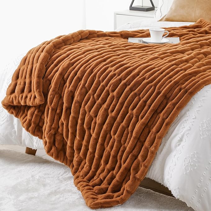 BATTILO HOME Burnt Orange Faux Fur Throw Blanket for Couch, Double Side Ruched Reversible Rabbit Fur Blanket for Bed, Sofa, Cozy Soft Mink Blanket, Fall Throw Blanket Fall Decor, 50x60 Inches