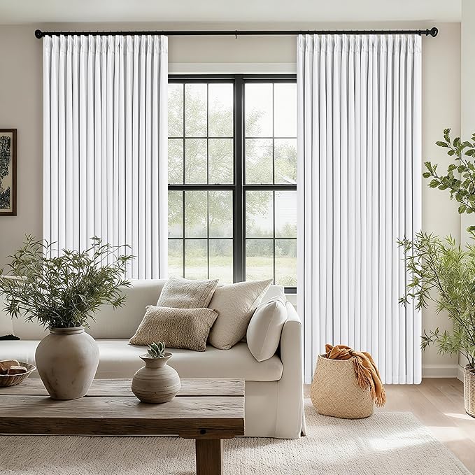 White 80 Inch Pinch Pleated Black Out Curtains 2 Panel Set for Living Room Pinch Pleat Linen Drapes with Liner 80 Inches Long 100% Blackout Light Blocking Energy Saving Curtain for Dining Bedroom