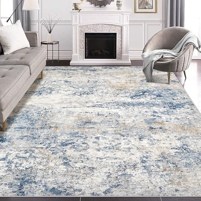 Area Rug Living Room Rugs - 9x12 Abstract Large Soft Indoor Washable Rug Neutral Modern Low Pile Carpet for Bedroom Dining Room Farmhouse Home Office - Blue