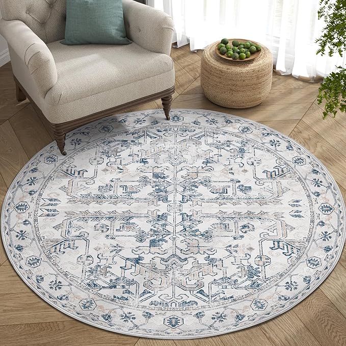 jinchan Lima Round Rug 5ft Vintage Machine Washable Area Rug Indoor Circle 5' Ultra-Thin Non-Slip Floral Print Carpet for Farmhouse Entryway Dining Room Living Room Bedroom Office (5'Round, Blue)