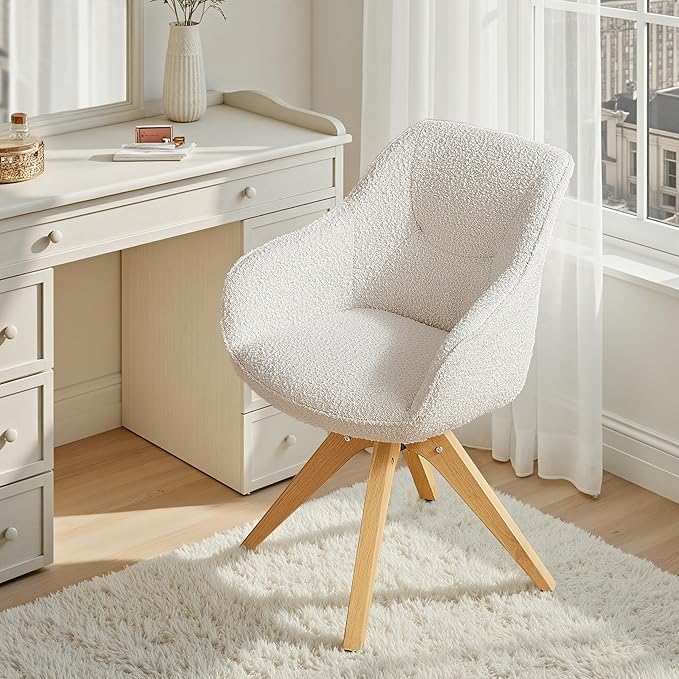 Zouron Desk Chair with Wooden Legs, Swivel Accent Chairs No Wheels, Modern Vanity Arm Chair for Small Space Home Office Living Room Bedroom, Ivory and Natural Wood