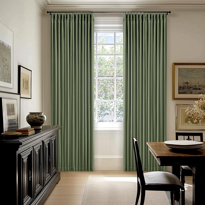86 Inch Olive Green Pleated Blackout Curtains 2 Panels Set for Bedroom Living Room Darkening 100% Black Out Memory Trained Farmhouse Rustic Farmhouse Pinch Pleat Linen Window Curtains 86 Inch Length