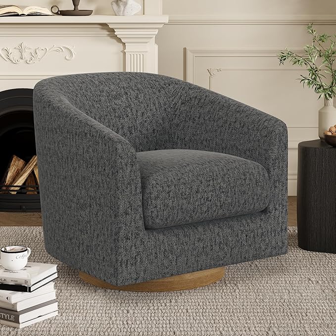 Swivel Barrel Accent Chair with Solid Wood Base, Round Fabric Living Room Arm Chairs, Modern Upholstered Comfty Reading Nook Chairs for Bedroom, Club Armchair, Single Sofa Side Chair, Grey