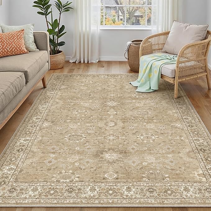 4x6 Brown Area Rug Non Slip Vintage Office Entryway Rug Distressed Machine Washable Kitchen Carpet Retro Traditional Floral Accent Throw Door Mat for Bedroom Bathroom Dining Living Room
