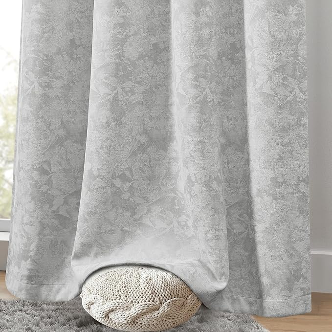 Beauoop Grey Floral Jacquard Blackout Curtains 63 Inches Long 2 Panels for Bedroom Living Room Gray Flower Chenille Room Darkening Thermal Insulated Soundproof Grommet Window Treatments Drapes, 52x63