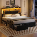 LED Bed Frame Full Size with Bookshelf PU Leather Headboard, 2 Hidden Storage Drawers, Upholstered Platform Bed with Charging Station, Metal Slats Support, Noise Free, No Box Spring Needed