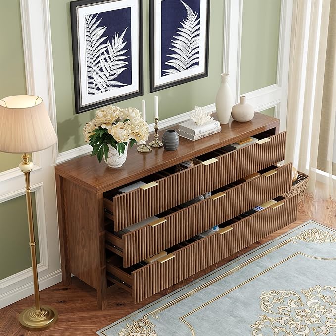Modern 9 Drawer Dresser, Mid-Century Storage Chest with Solid Wood Legs, Large Organizer Cabinet & TV Stand for Bedroom, Living Room, or Hallway, Walnut Oak