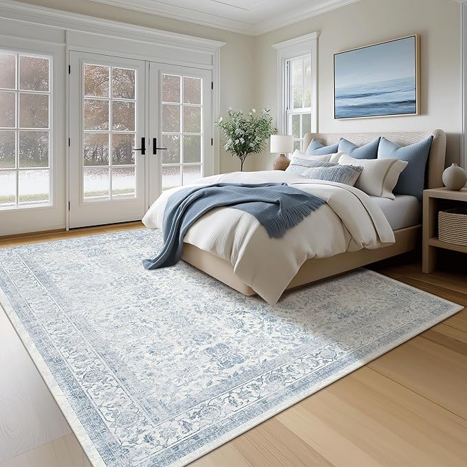 FMFUNCTEX 6x9 Washable Area Rug Blue Vintage Neutral Distressed Large Non Slip Carpet for Living Room Bedroom Soft Low Pile Indoor Mat Retro Floral Throw Rug for Dining Room Kitchen Office Nursery