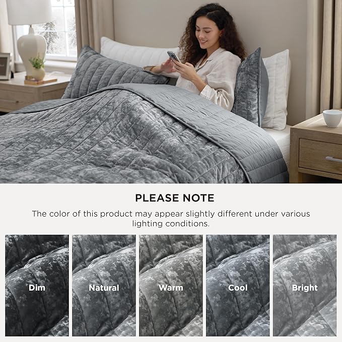 Bedsure Velvet Quilt King Size Set - 108"x96" Lightweight Velvet Comforter King Quilt, Oversized Luxury Bedspread Coverlet, Ultra-Soft Winter Bedding Set with 2 Pillow Shams, Sliver Gray