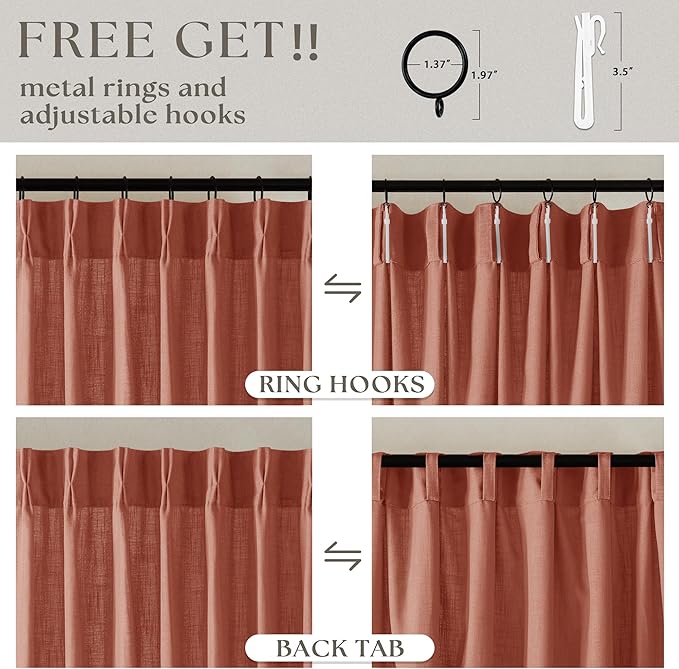 Pinch Pleated Terracotta Linen Curtains 84 Inches Long 2 Panels Set for Living Room Dining Pinch Pleat Back Tab Light Filtering Farmhouse Boho Retro Window Curtain Drapes Red Clay Autumn Fall Decor
