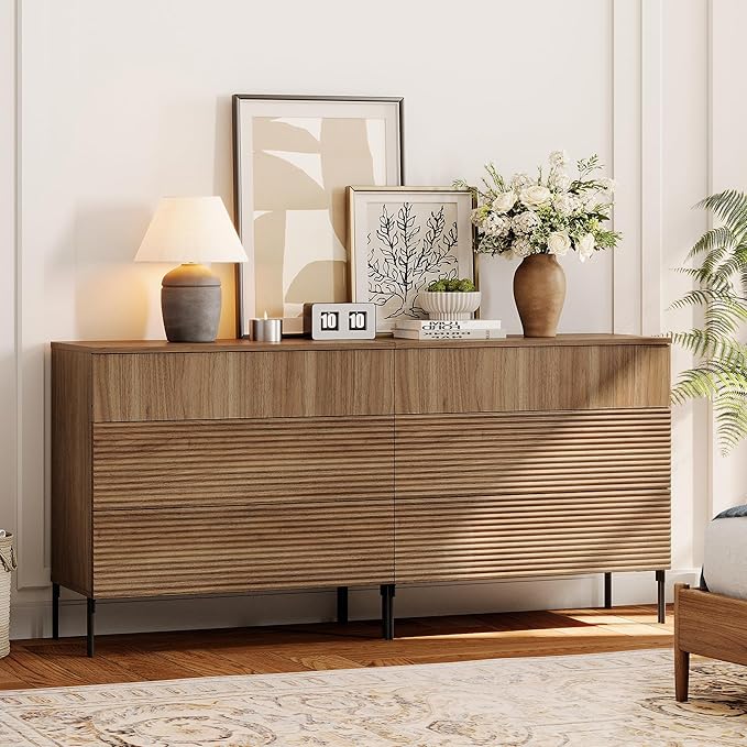 WAMPAT 63" W Fluted Dresser for Bedroom, 2 in 1 Modern 6 Drawer Dresser TV Stand with Hidden Handles, Wooden Chest of Drawers Closet Clothes Storage Organizer for Bedroom, Living Room, Light Walnut