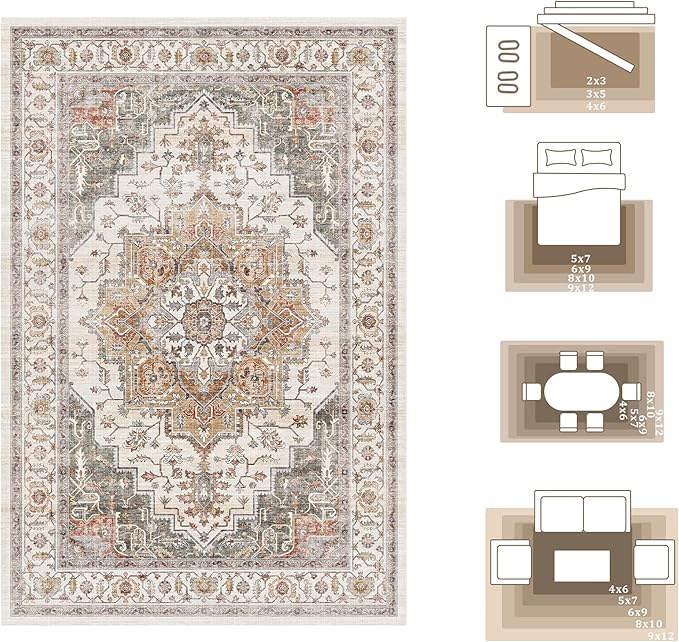 5x7 Area Rugs for Living Room Ultra-Soft Washable Rug Vintage Distressed Boho Area Rug, Non-Slip Retro Print Low Pile Stain Resistant Carpet for Bedroom Dining Room Kitchen Office