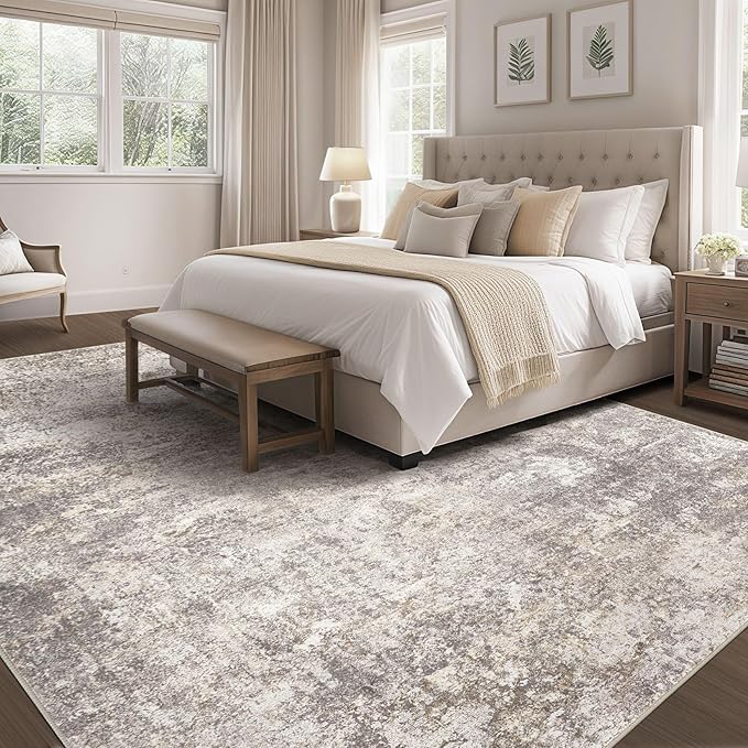 Area Rug Living Room Rugs - 10x12 Washable Large Soft Indoor Neutral Modern Abstract Low Pile Rug Carpet for Bedroom Dining Room Farmhouse Home Office - Brown