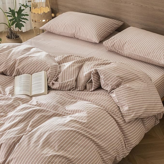 MooMee Striped Duvet Cover Set 100% Washed Cotton Linen Like Textured Breathable Durable Soft Comfy (Orange White Wide Stripes, Queen 90"x90")