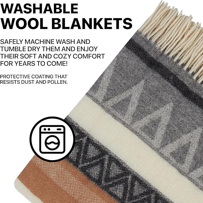 | Wool Blanket/Throw | 100% New Zealand Wool | Perfect for Home and Outdoors | Virgin Wool Throw with Fringes 75"x87" (190 x 220 cm)