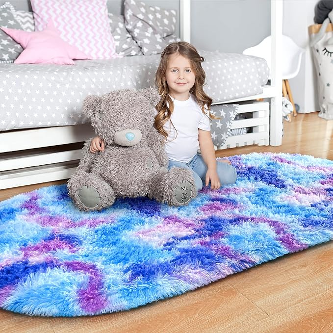 Noahas Oval Fluffy Purple Rainbow Rug 2.6X5.3 Small Kids Rugs for Bedroom Girls And Boys Aesthetic,Bedside Bedroom Rug,Ultra Soft Runner Carpet Modern Shaggy Nursery Area Rugs Home Decor''
