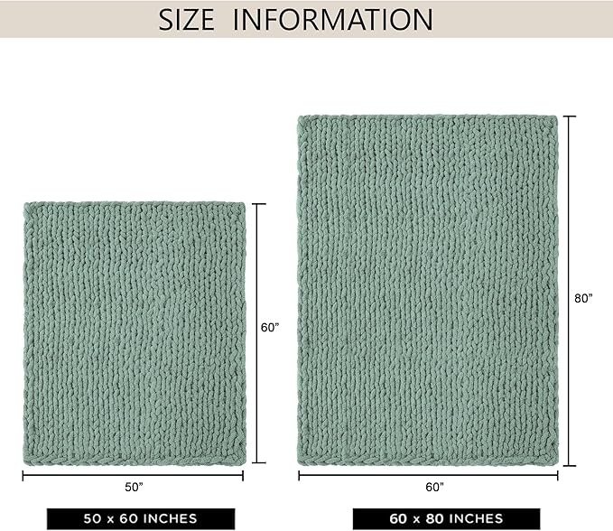 Chunky Knit Throw Blanket 50"X 60", 100% Handmade with Soft Chenille Yarn, 4.4lbs Thick Cable Knitted Blankets, Large Rope Knot Crochet Throws for Couch Sofa Bed Home Decor, Sage Green