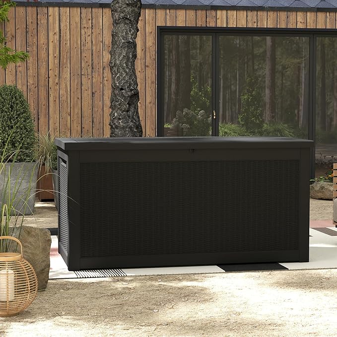 320 Gallon Outdoor Storage Box Waterproof, Resin Deck Boxes with Lockable Lid & UV-Resistant for Patio, Pool, Garden Furniture Cushions & Accessories, Black