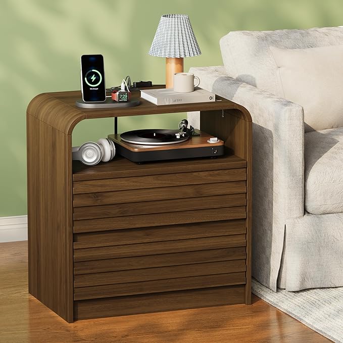 24” Wide Modern Fluted Nightstand with Charging Station, Wood Bedside Table with 2 Storage Drawers, Mid Century End Table Nigthstand with Curved Profile for Bedroom, Living Room, Walnut