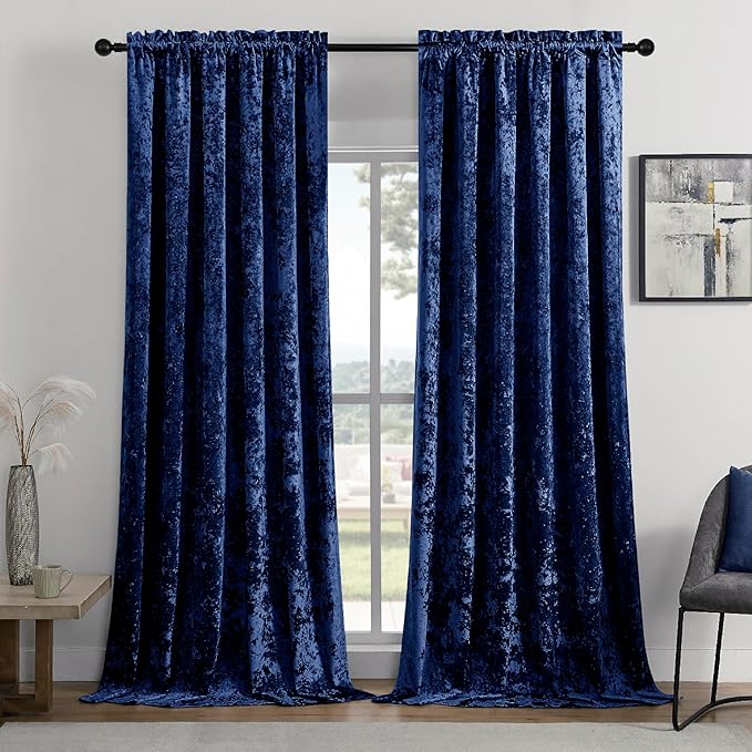 SMILETIME Navy Blue Crushed Velvet Curtains 52x84inch Rod Pocket Luxurious Thermal Insulated Soundproof Drapes Soft and Durable Light-Filtering Window Treatments for Living Room Bedroom, 2 Panels