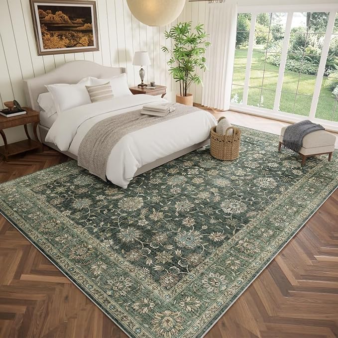 Washable 10x14 Area Rugs for Living Room, Boho Non-Slip Vintage Distress Large Rugs for Bedroom Dining Room Office, 0.3" Neutral Oriental Throw Thin Carpet, Sage Green/Blue/Multi