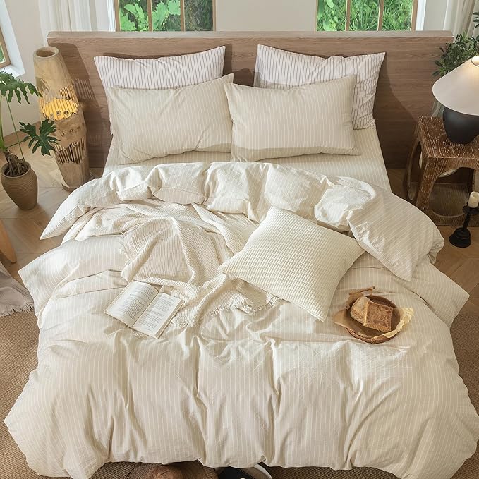 MooMee Striped Duvet Cover Set 100% Washed Cotton Linen Like Textured Breathable Durable Soft Comfy (Almond Milk Grey White Wide Stripes, Oversized Full 82"x86")