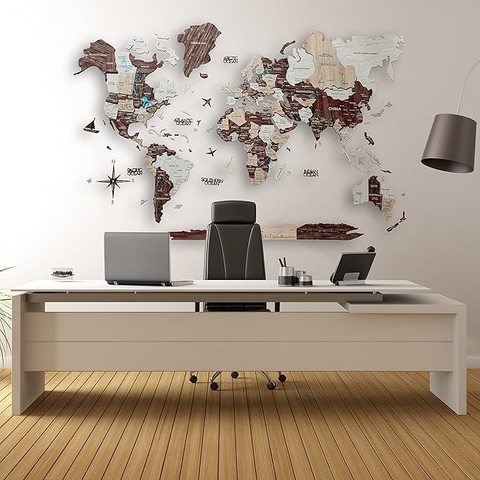 Handmade 3D Wood World Map Wall Art Large Wall Decor Track Your World Travels - Special for Home, Kitchen and Office (Medium, Cappuccino)