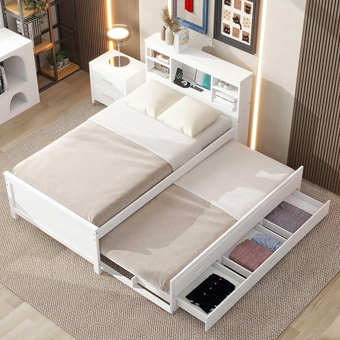 Platform Bed with Storage Headboard, USB, Twin Size Trundle and 3 Drawers, Twin Size, White
