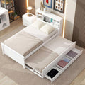 Platform Bed with Storage Headboard, USB, Twin Size Trundle and 3 Drawers, Twin Size, White
