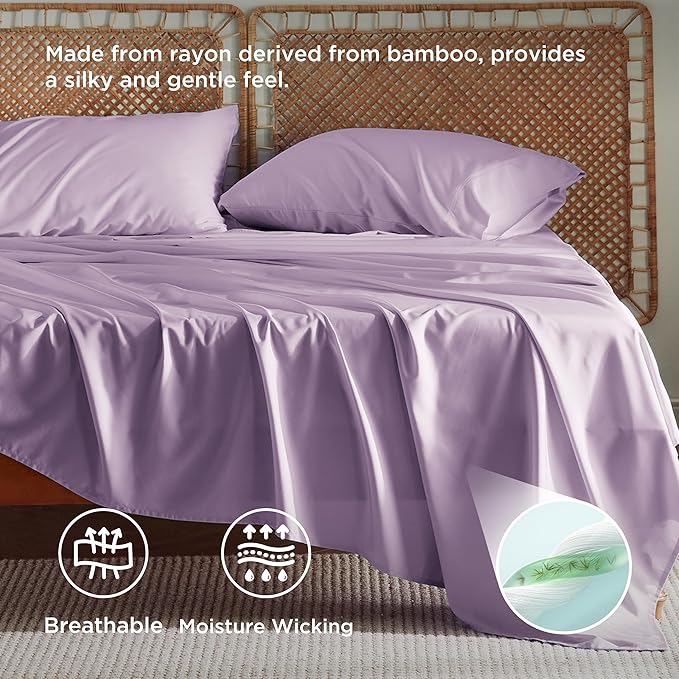 Bedsure Full Size Bed Sheets, Cooling Sheets, Rayon Derived from Bamboo, Breathable & Soft, Deep Pocket Up to 16 Inches, Hotel Luxury Silky Bedding for Hot Sleepers, Lilac