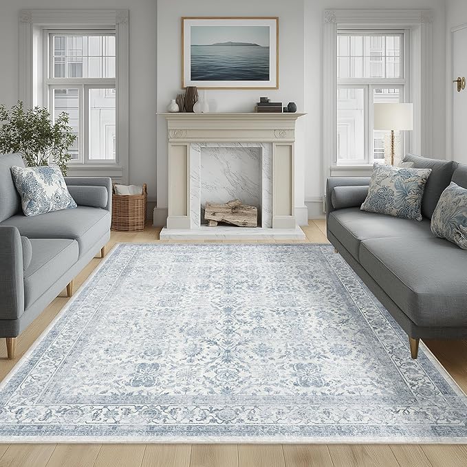 FMFUNCTEX 8x10 Washable Area Rug Blue Vintage Neutral Distressed Large Non Slip Carpet for Living Room Bedroom Soft Low Pile Indoor Mat Retro Floral Throw Rug for Dining Room Kitchen Office Nursery