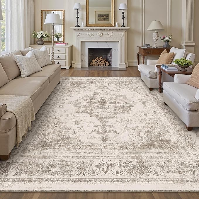Area Rug 9x12 Beige Washable Living Room Carpet Non Slip Vintage Medallion Indoor Bedroom Carpet Low Pile Soft Retro Distressed Large Rug Home Office Dining Room Playroom