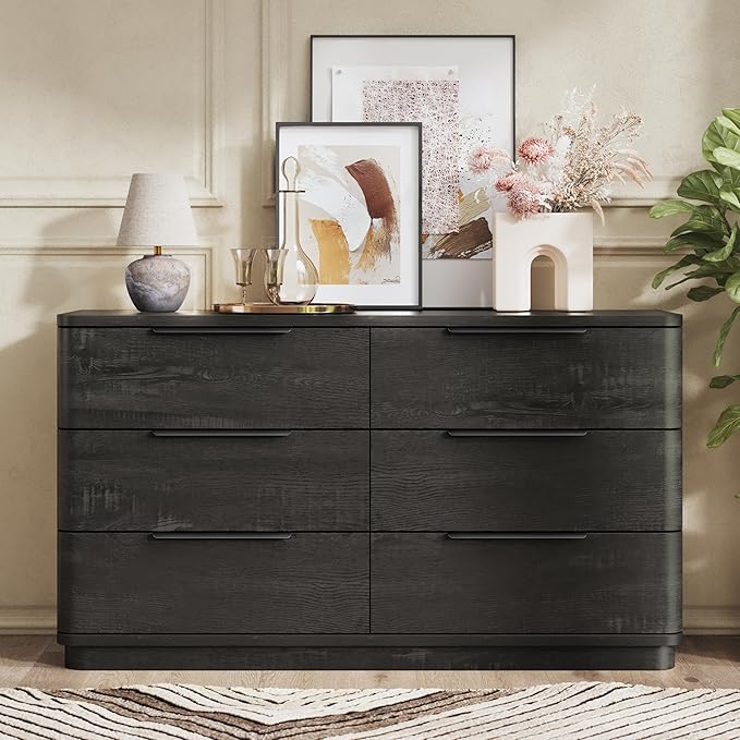 6 Drawer Dresser for Bedroom, 54" Wide Modern Chest of Drawers with Metal Handle, Curved Profile Design, Wooden Black Dresser Closet Clothes Storage TV Stand for Living Room, Hallway