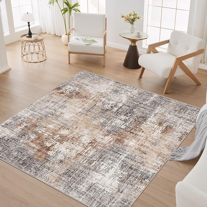 Square Area Rug Living Room Rugs - 6x6 Washable Large Soft Indoor Neutral Modern Abstract Low Pile Rug Carpet for Bedroom Dining Room Farmhouse Home Office - Grey Brown