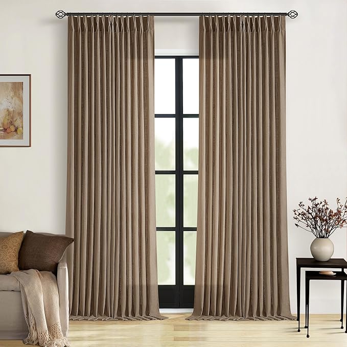 Dutch Cocoa Linen Curtains 102 Inches Long for Living Room Pinch Pleated Drape with Hooks Rings for Track System Light Filtering 102 Inch Curtain for Bedroom Sliding Patio Door 2 Panels Brown