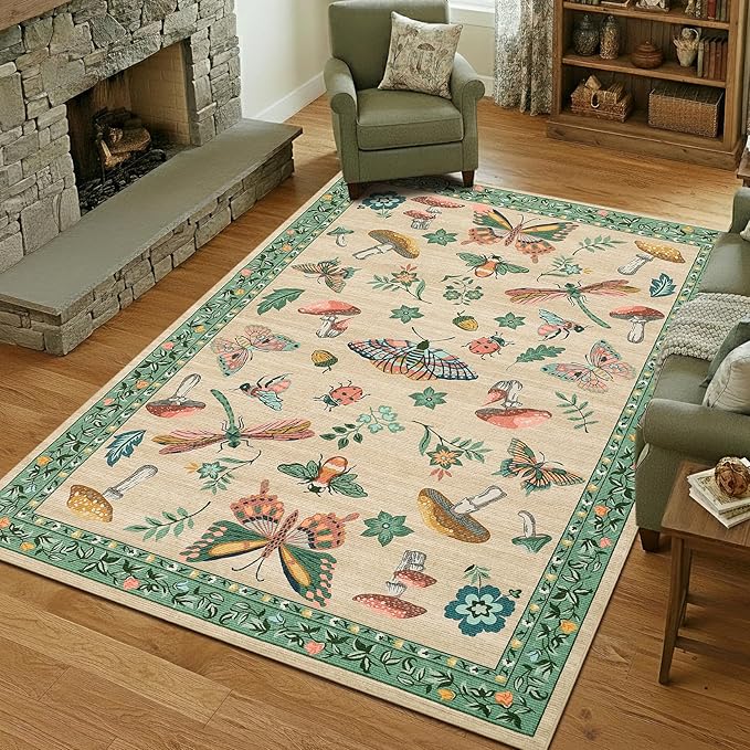 Mushroom Washable Area Rug 6x9 Rugs for Living Room Soft Low-Pile Stain Resistant Thin Carpet for Bedroom Dining Nursery Non Slip Mat with Rubber Khaki Green