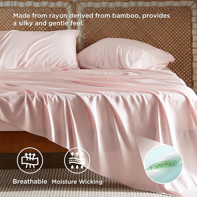 Bedsure Full Size Bed Sheets, Cooling Sheets, Rayon Derived from Bamboo, Breathable & Soft, Deep Pocket Up to 16 Inches, Hotel Luxury Silky Bedding for Hot Sleepers, Pink