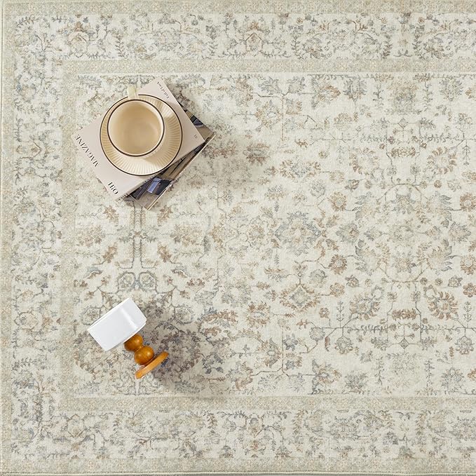 5x7 Taupe Area Rug Non Slip Vintage Living Room Distressed Machine Washable Carpet Traditional Indoor Bedroom Taupe Retro Floral Accent Throw Rug for Office Kitchen Dorm Dining Room