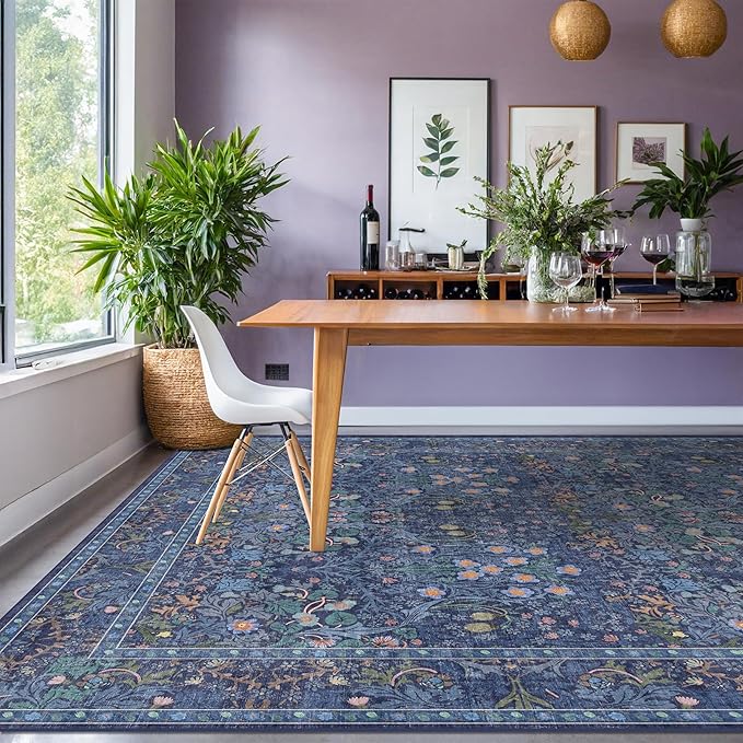 Boho 8x12 Washable Dark Blue Rug for Living Room - Large Area Rug for Dining Room Under Table, Bedroom Under Bed, Vintage Floral Design, Low Pile & Soft Indoor Décor