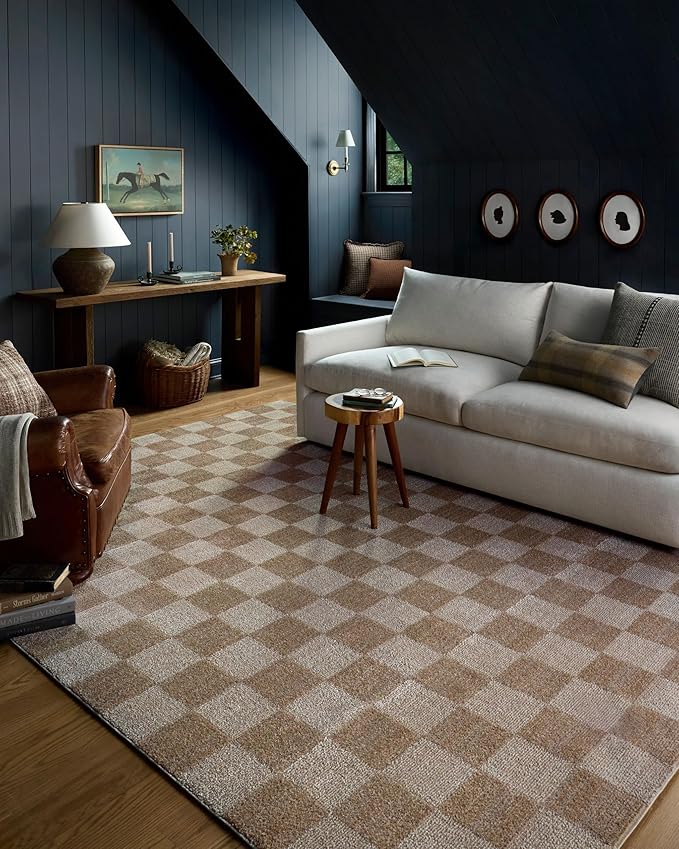 Loloi Chris Loves Julia Calvin Collection CLV-01 Pebble/Ivory 7'-10" x 10' Area Rug Checkered Neutral Soft Living Room Bedroom Carpet